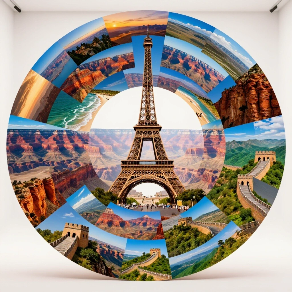 Vibrant collage of travel-themed images showcasing iconic landmarks and scenic landscapes in a circular frame.