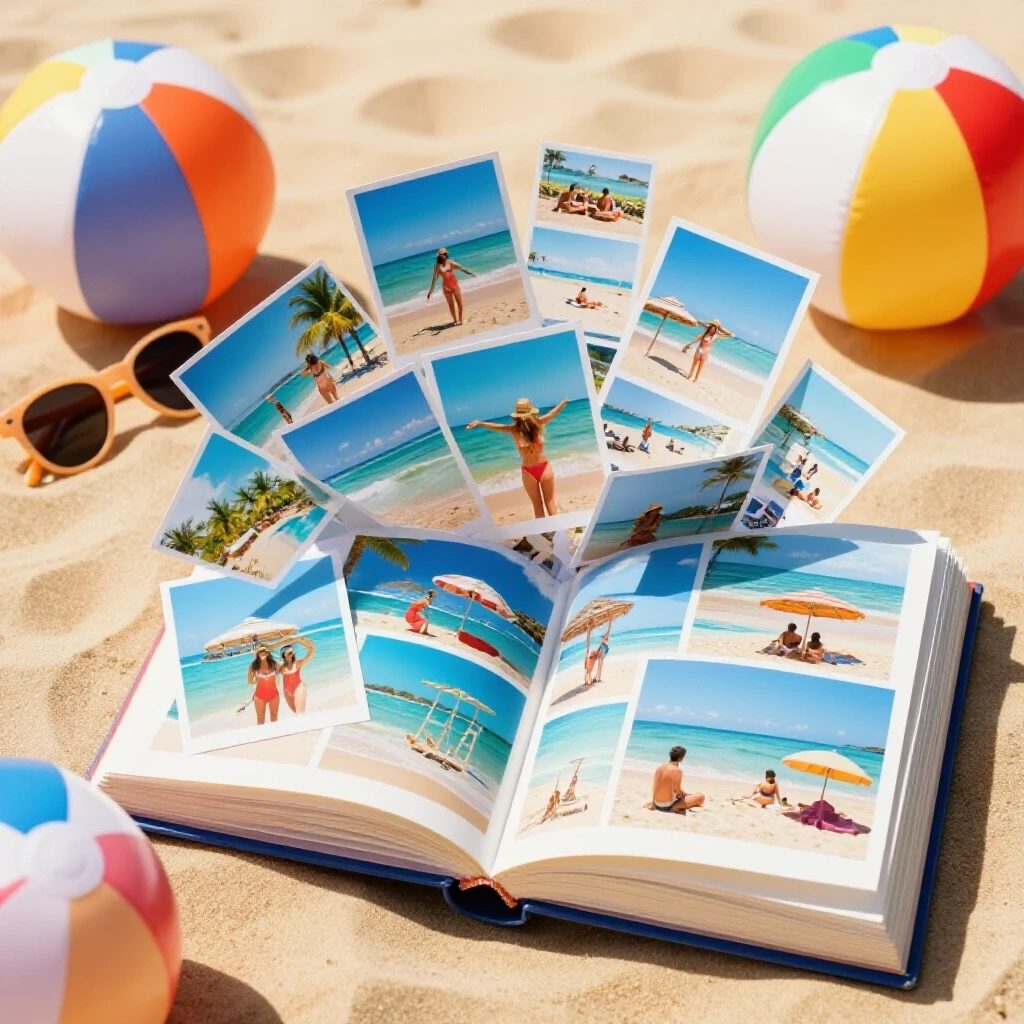 A vibrant beach scene featuring a whimsical photo album bursting with summer memories, surrounded by beach balls and sunglasses.