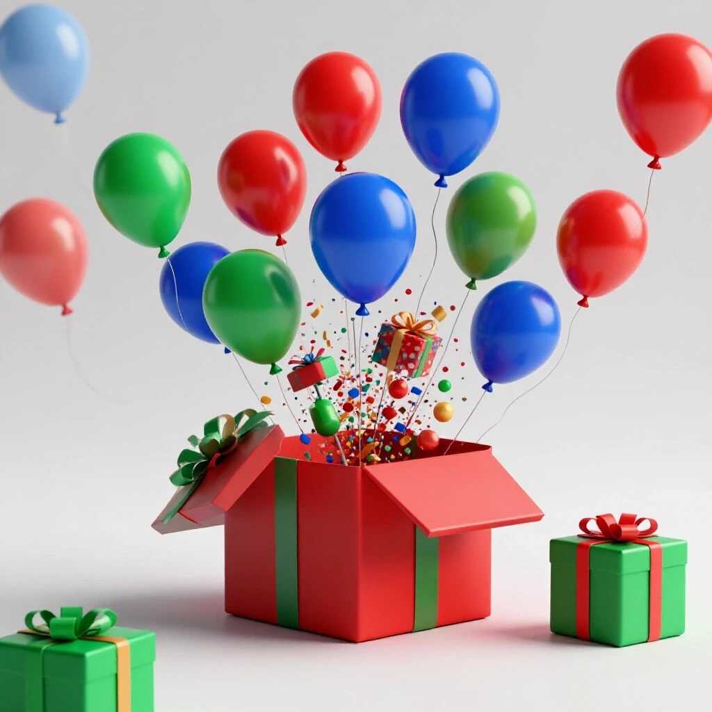A colorful gift box partially opened, overflowing with balloons and confetti against a bright studio background.