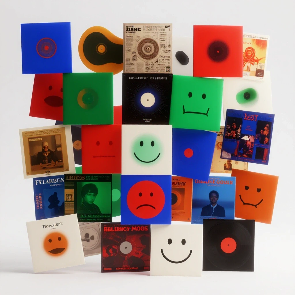 A vibrant collage of album covers representing diverse themes and emotions, arranged playfully on a bright background.