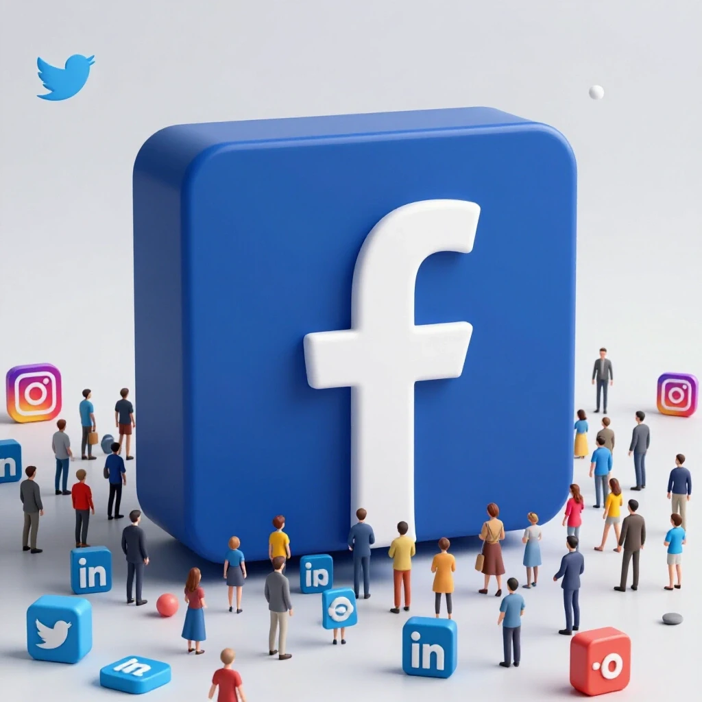 A giant, distorted Facebook logo towers over smaller, colorful social media icons, highlighting algorithmic bias.