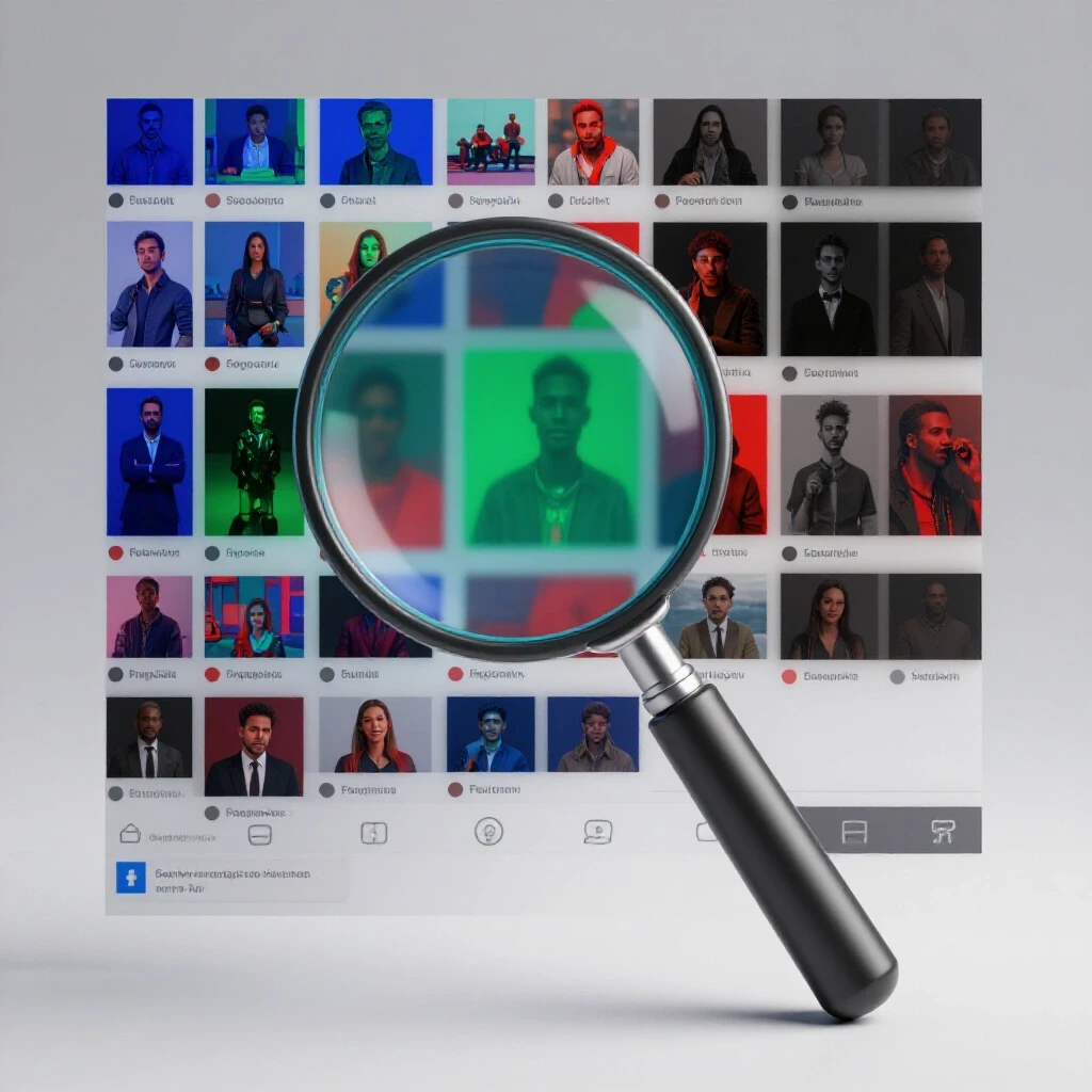 A magnifying glass juxtaposed over a vibrant and dull social media feed, highlighting misinformation contrast.