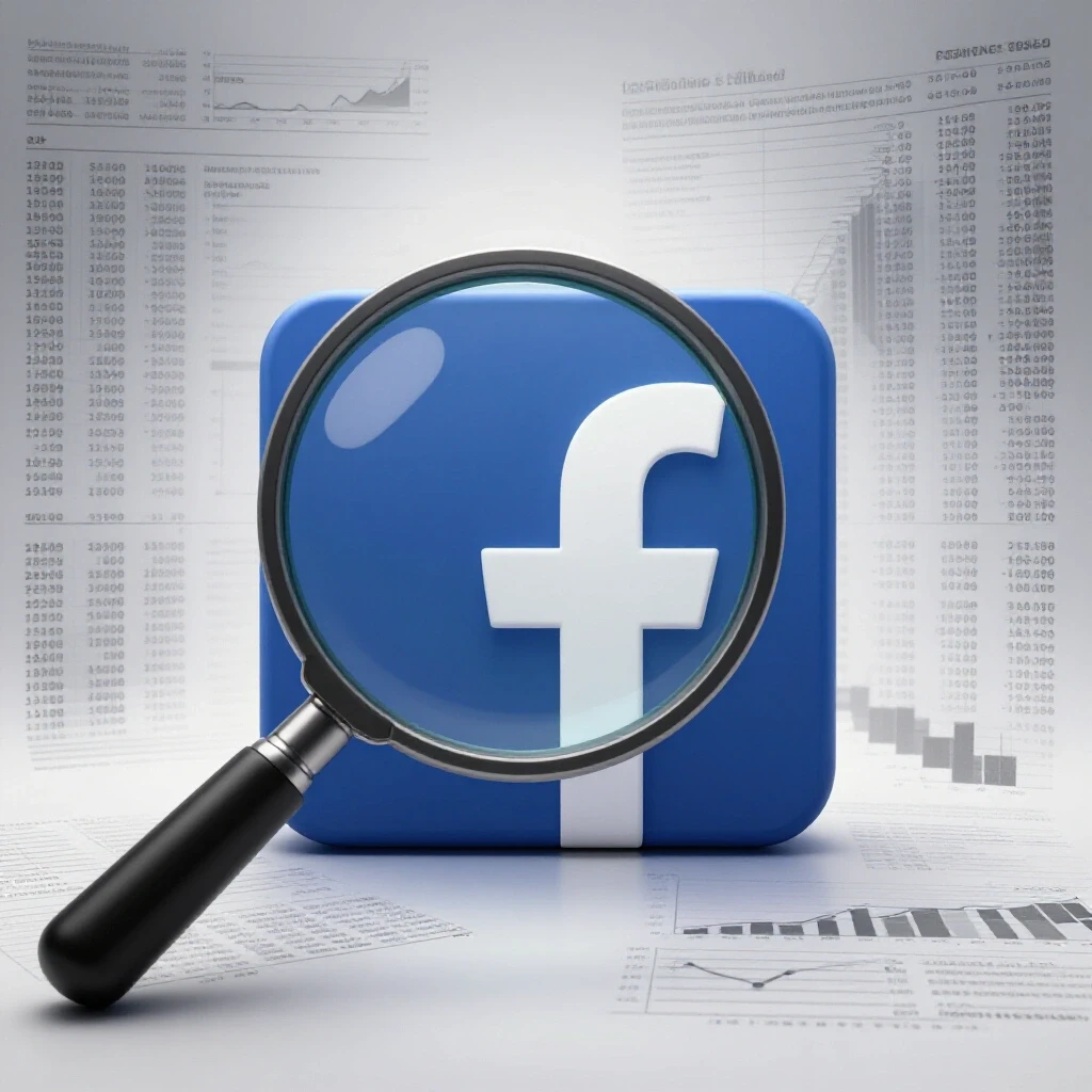 Colorful Facebook logo surrounded by distorted gray statistics, suggesting algorithm bias and hidden data.