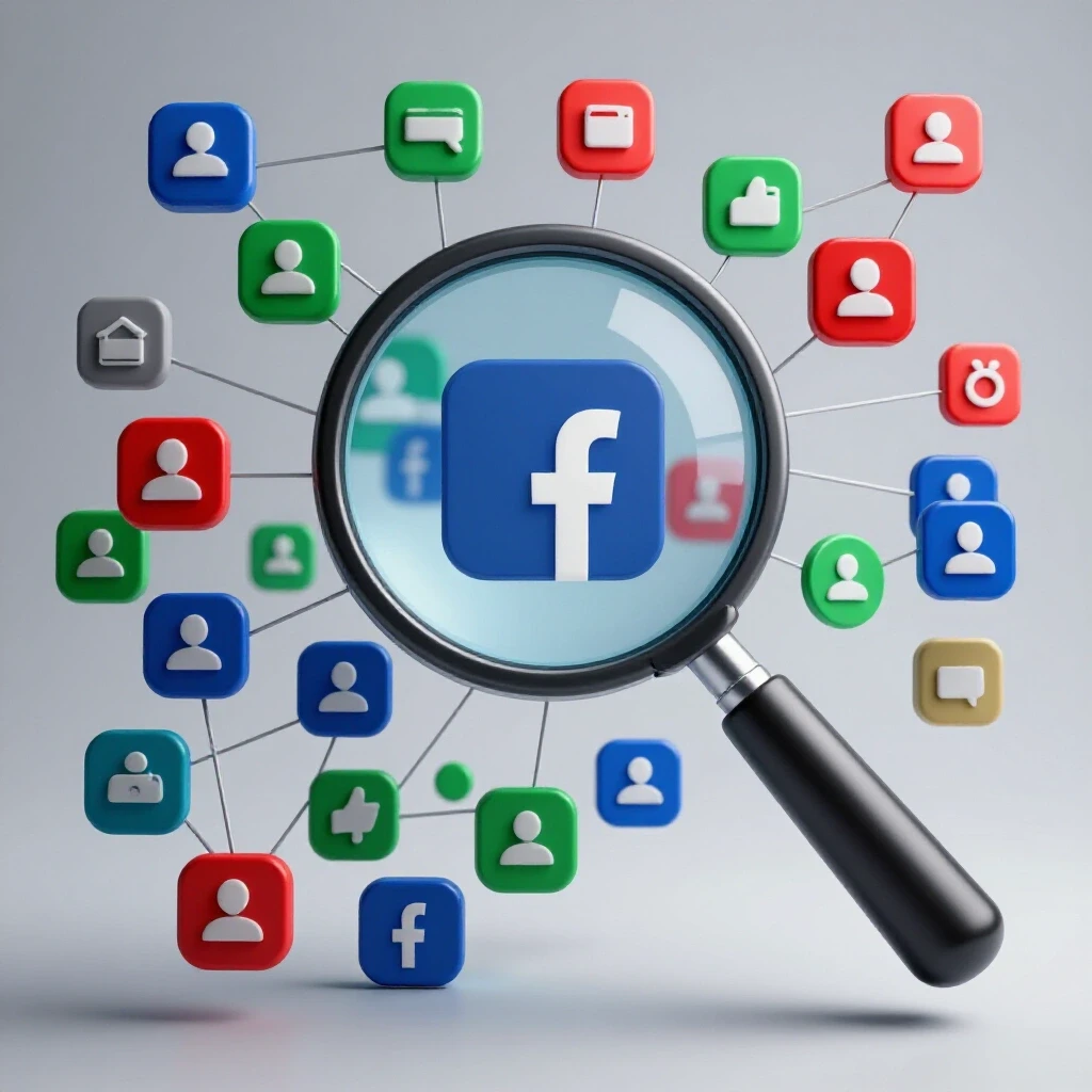A giant magnifying glass illuminating social media icons to symbolize transparency in the Facebook algorithm.