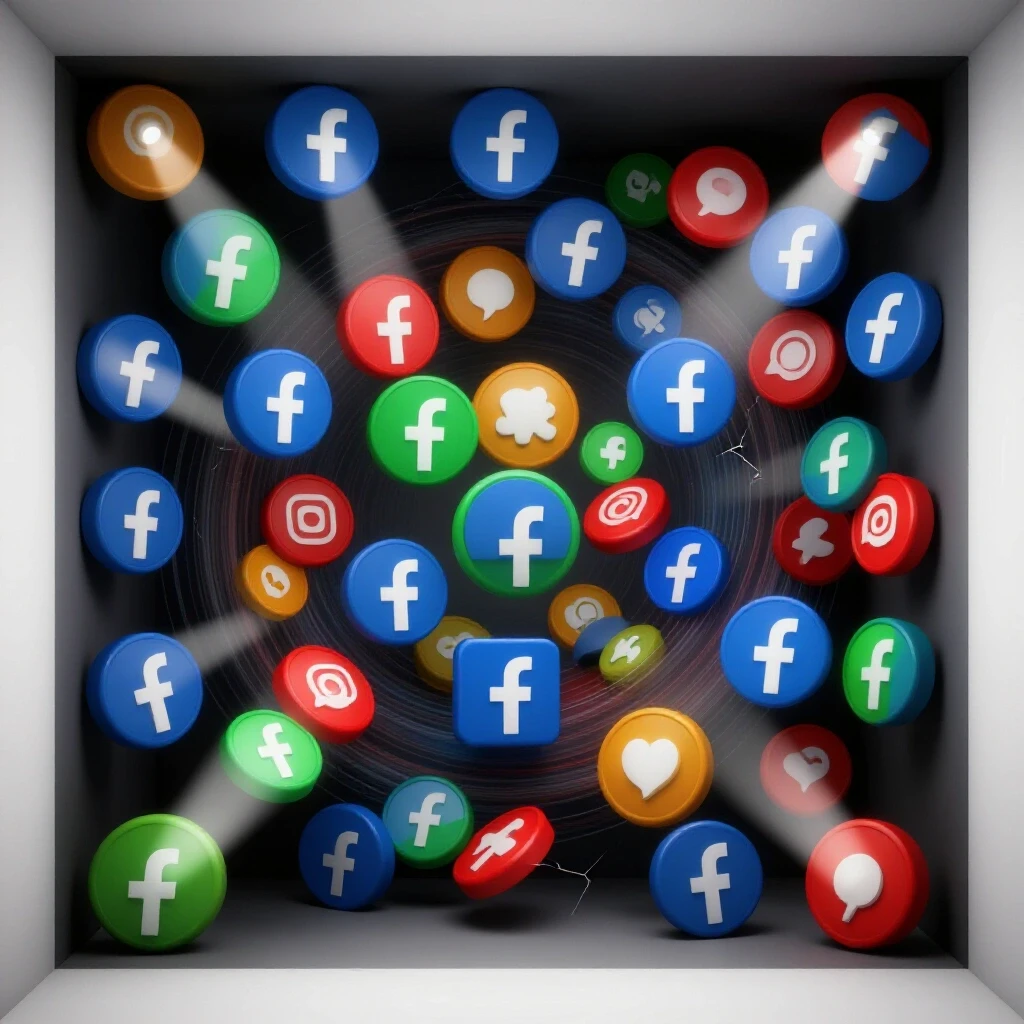 A dark chamber filled with vibrant social media icons, illuminated by beams of light breaking through the walls.