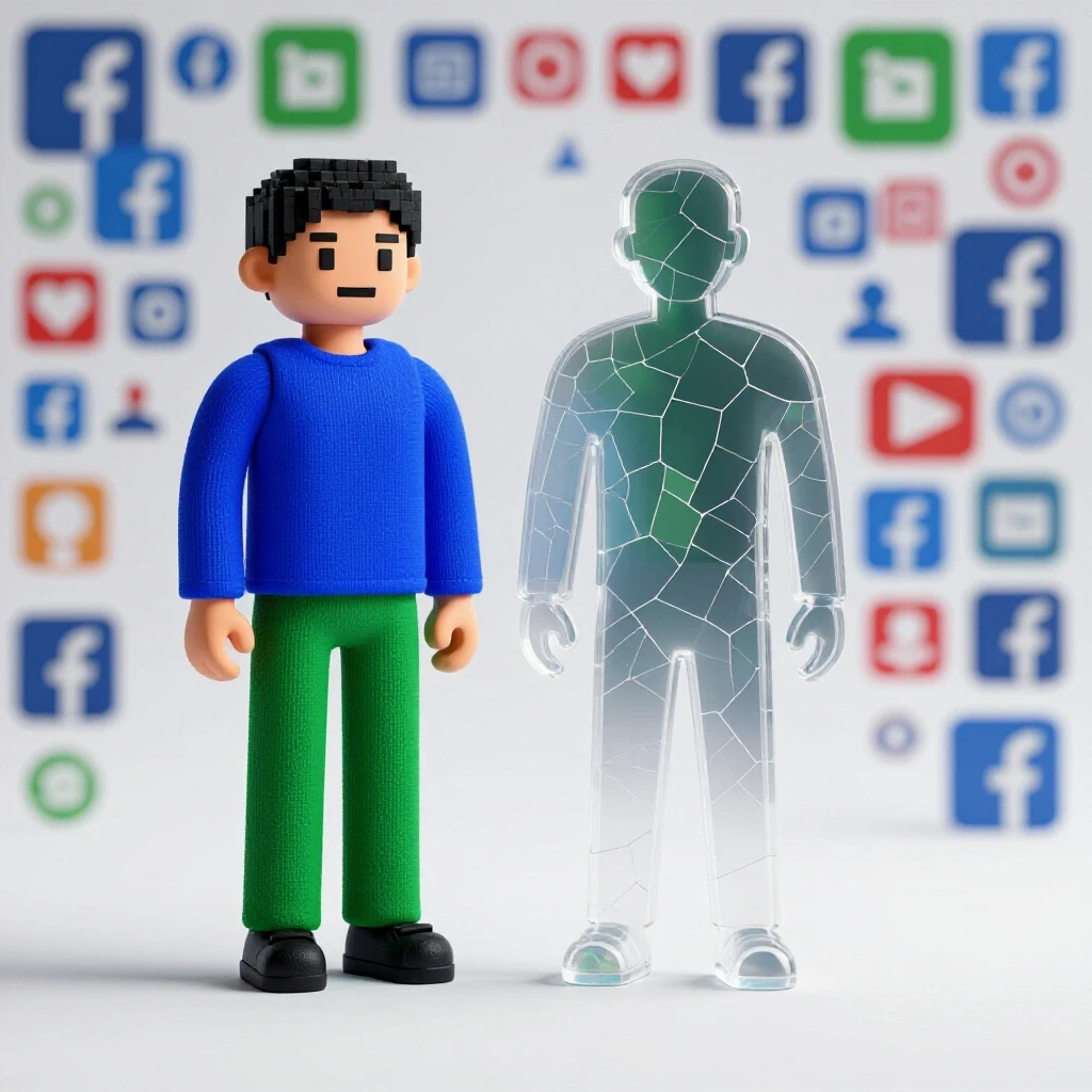 A pixelated avatar representing anonymity beside a fragmented silhouette symbolizing lost privacy, against a blurred social media background.