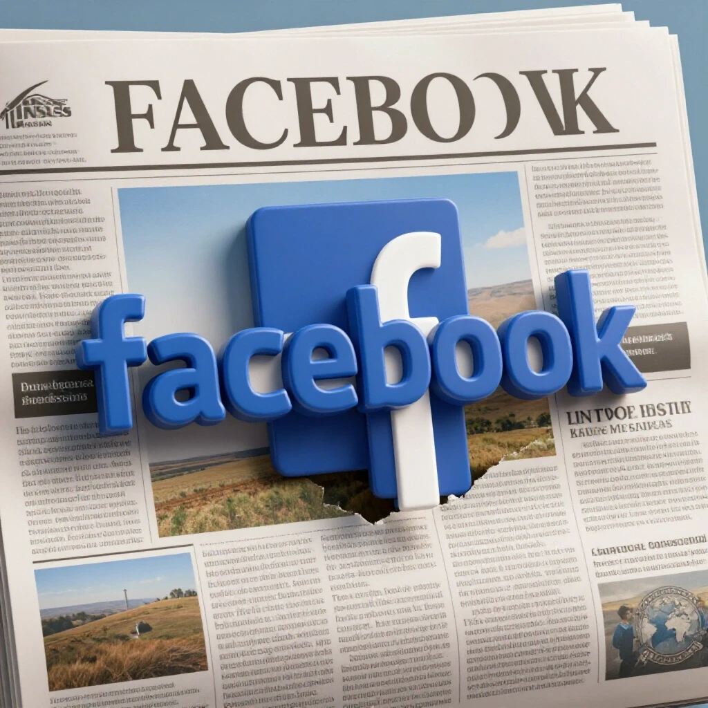 A large Facebook logo emerging from a newspaper with Kansas landscapes in the background, symbolizing local news.