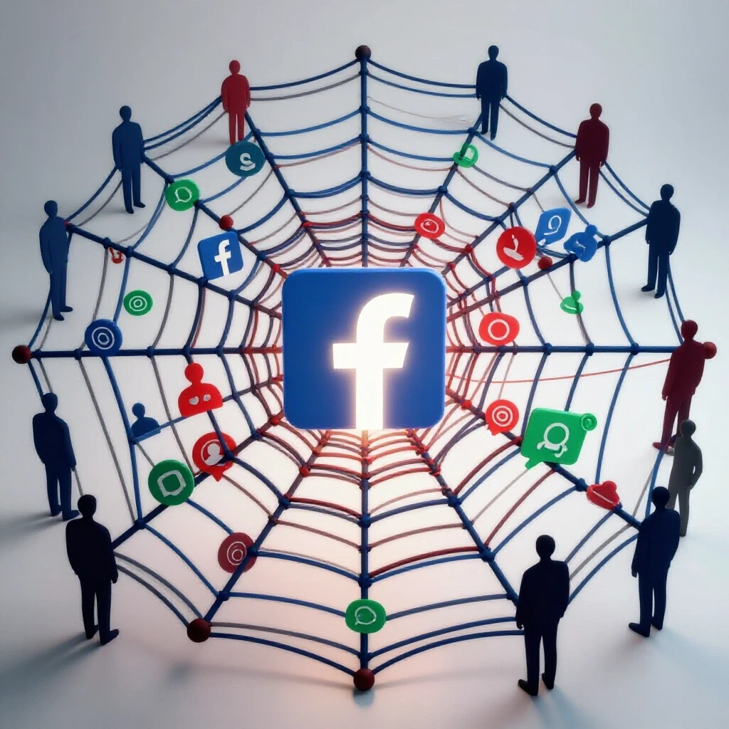 A bright, eye-catching visualization of a tangle of social media icons with a glowing Facebook logo at the center, symbolizing automatic friend additions.