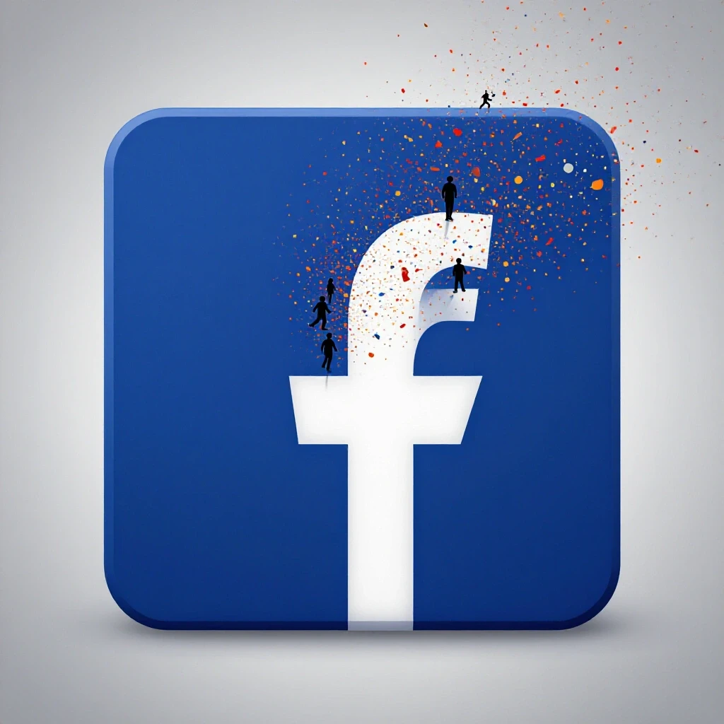 Vibrant Facebook logo with silhouetted figures emerging like confetti, symbolizing automatic friend connections.