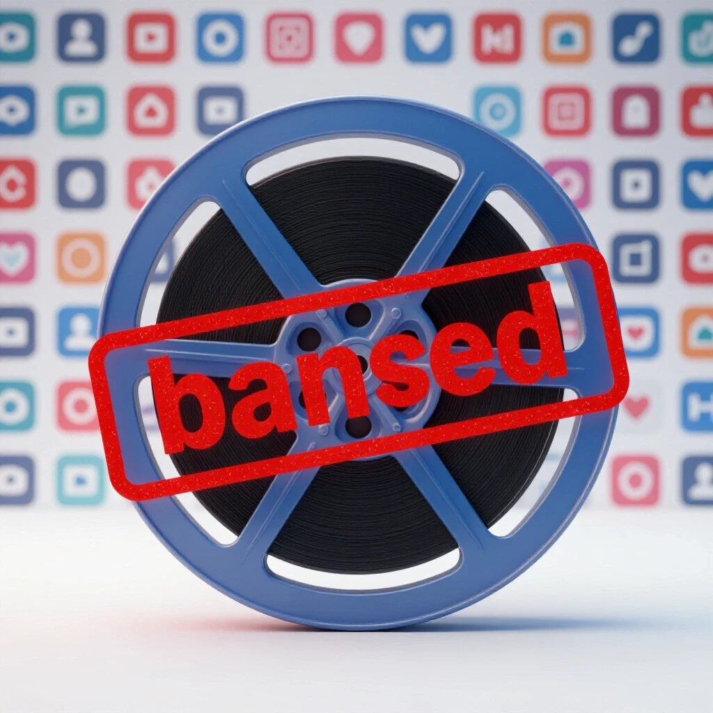 A classic film reel with a red 'banned' stamp overlay, against a blurred background of social media icons.
