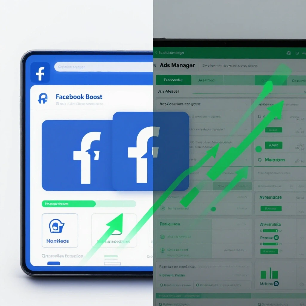 A split-image contrasting vibrant Facebook Boost interface with a complex Ads Manager dashboard, using dynamic arrows to illustrate decision-making.
