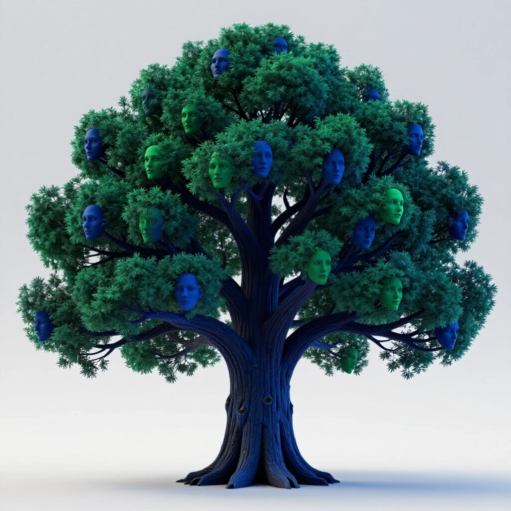 A massive dark tree with ghostly faces emerging from its bark, symbolizing harvested data against a bright background.
