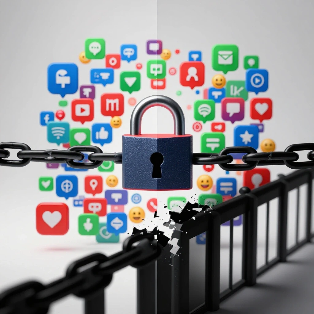 A split-image illustrating vibrant social media dynamics contrasted with censorship symbols, depicting policy gaps.
