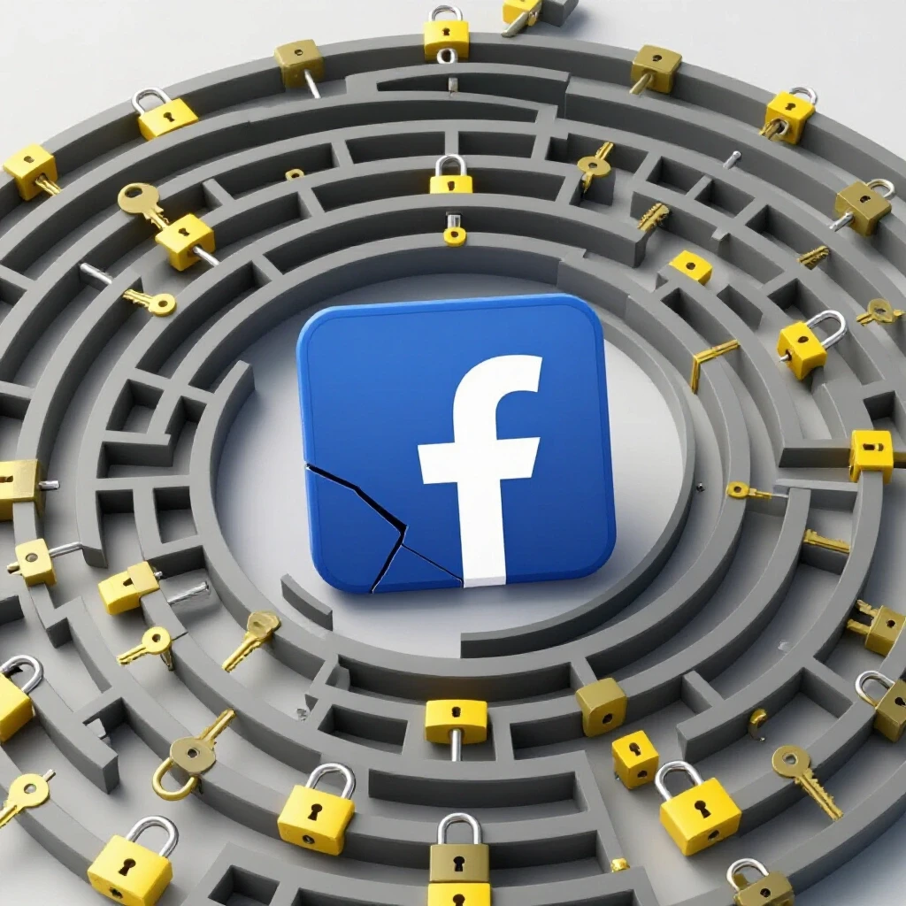 A fragmented Facebook logo surrounded by digital locks and keys, symbolizing identity verification challenges.