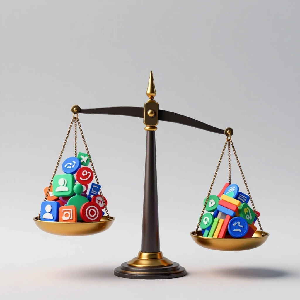 A balanced scale with social media icons on one side and colorful statistics on the other, representing content moderation bias.