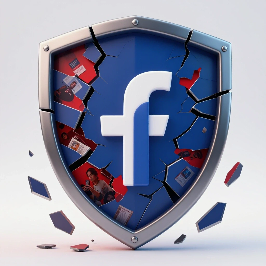 A cracked shield displaying the Facebook logo, fragments revealing chaotic content behind, evoking urgency.