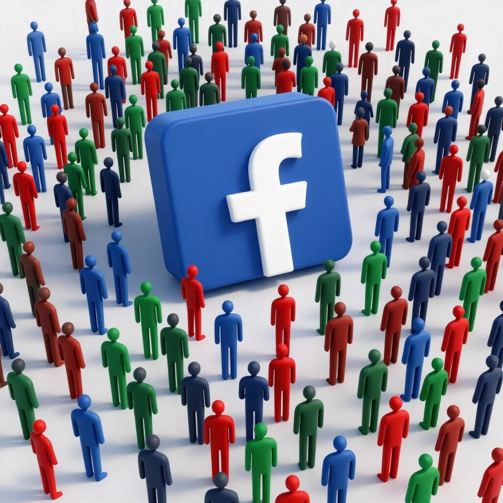 A vibrant crowd of abstract figures with an oversized Facebook logo above, showcasing cultural bias in social media.
