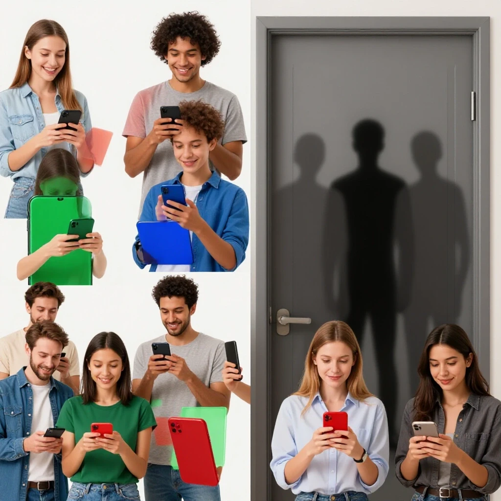 Split image showing vibrant social media engagement on one side and shadowed figures symbolizing restricted access on the other side.