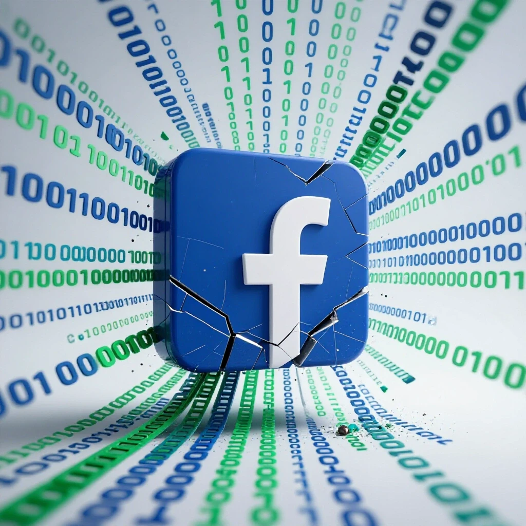 A shattered Facebook logo surrounded by cascading binary code illustrating data loss.