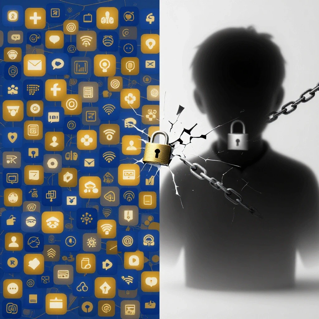 A visually striking split-image depicting social media's vibrant landscape against a shadowy representation of data privacy concerns with chains and locks.