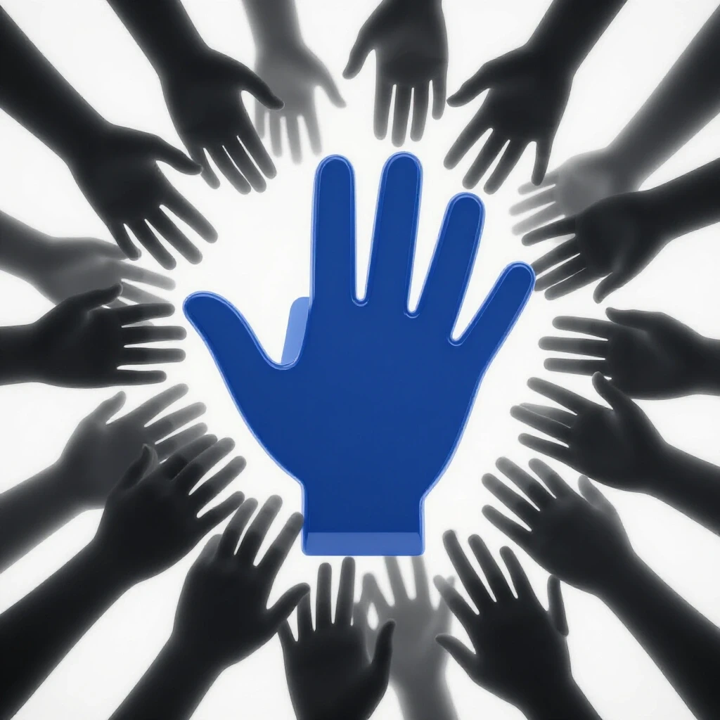 A blue hand representing Facebook surrounded by shadowy gray hands, symbolizing data sharing concerns.
