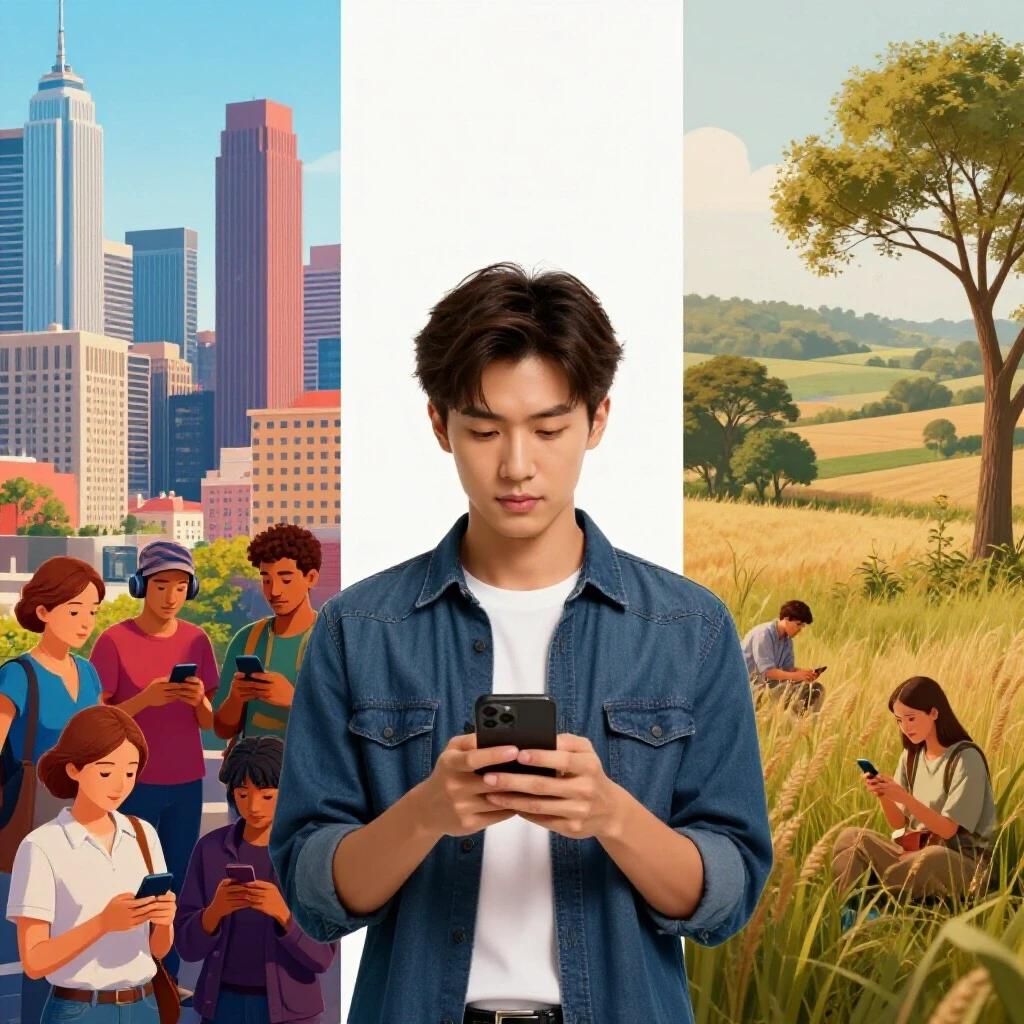 A split image contrasting vibrant urban life with people using smartphones against a serene rural landscape.