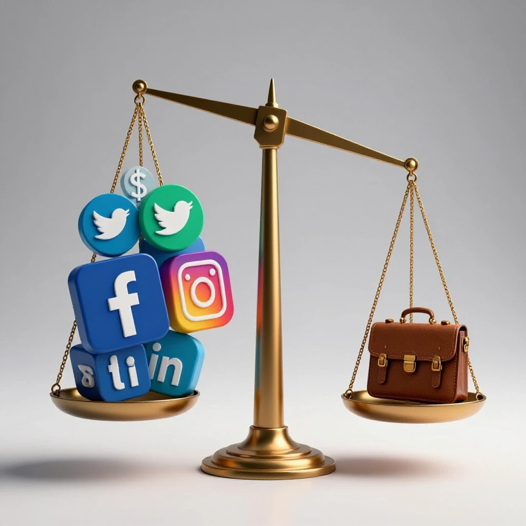 A scale tipped with vibrant social media icons on one side and muted economic symbols on the other, illustrating economic bias in ad targeting.