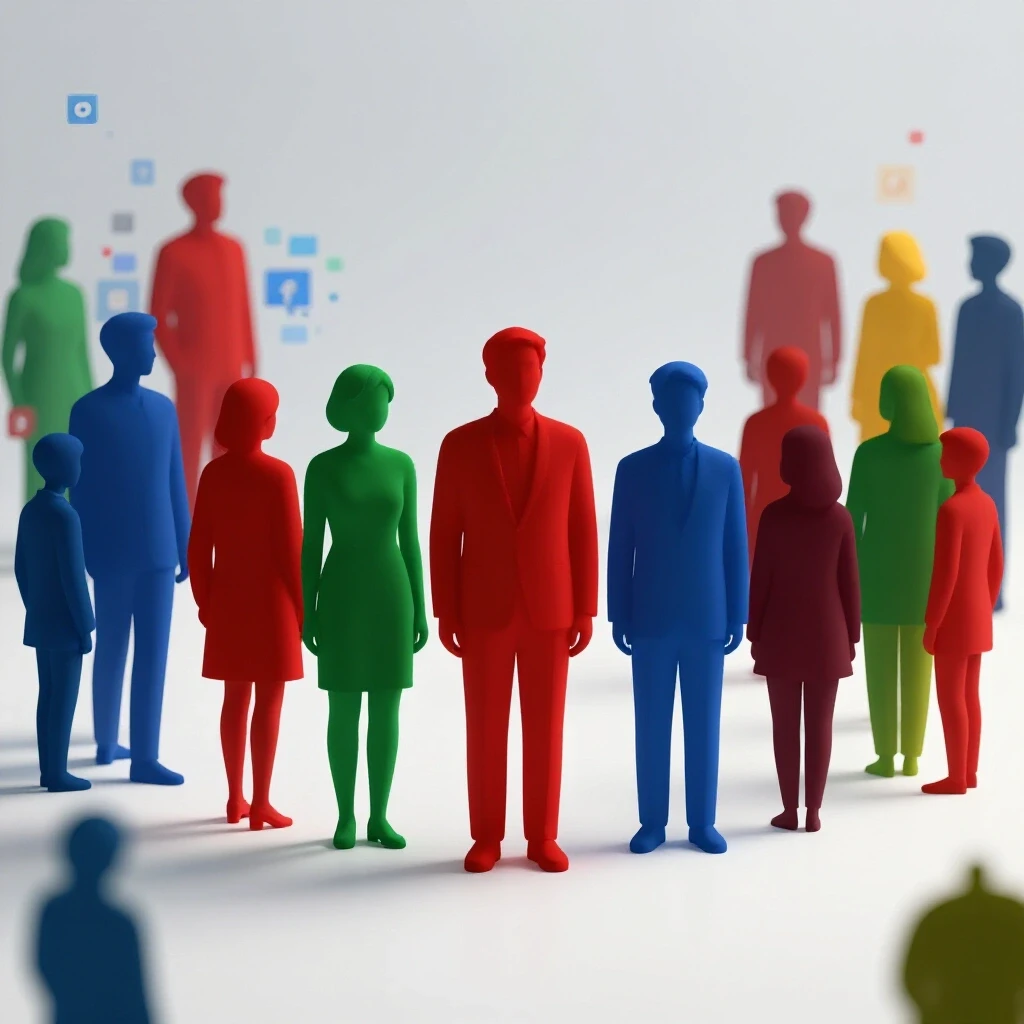 Colorful silhouettes of different age groups engaging with social media in a vibrant scene symbolizing Facebook engagement.