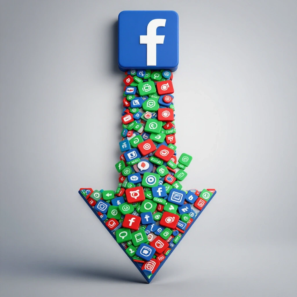 3D downward arrow made of social media icons with a vibrant Facebook logo on a light grey background