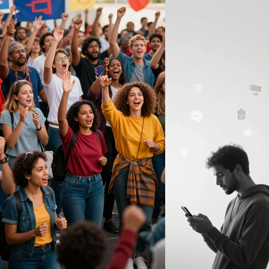 Split image of a vibrant political rally alongside a lonely figure scrolling a smartphone, highlighting gender-based engagement disparities.