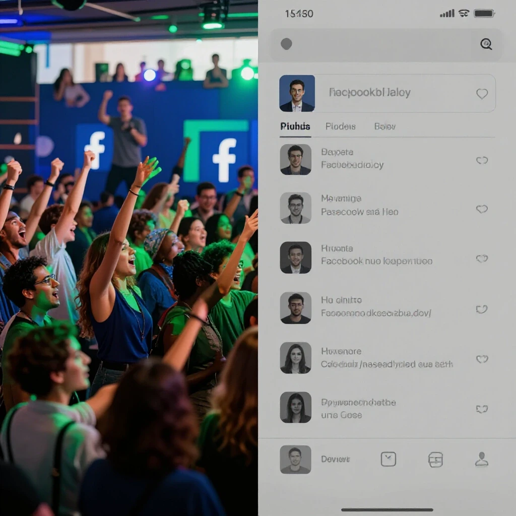 A vibrant event scene contrasted with a dull social media feed, highlighting the difference between Facebook Event Ads and Boosting.