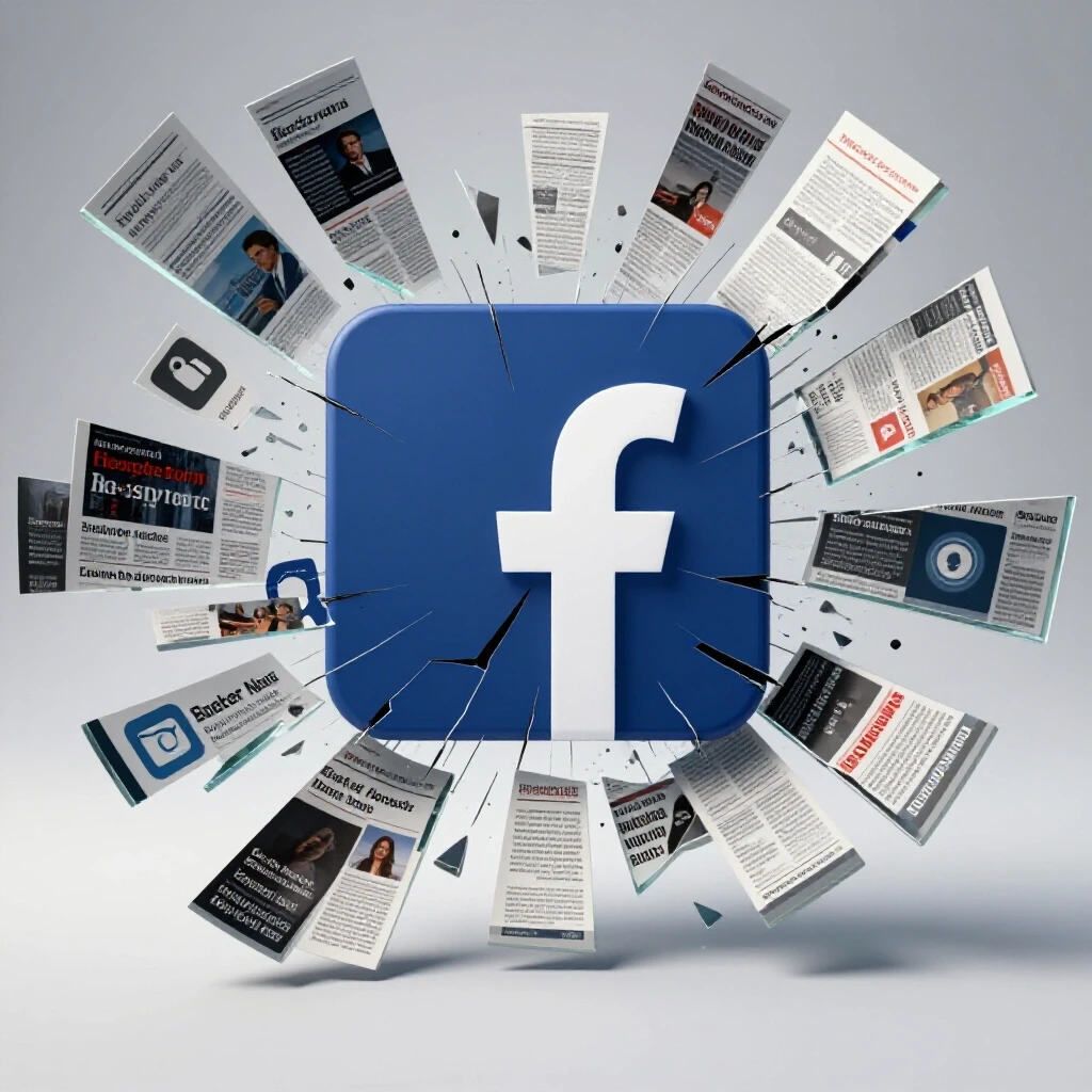 A cracked Facebook logo surrounded by shards of news articles and social media icons, highlighting the spread of misinformation.