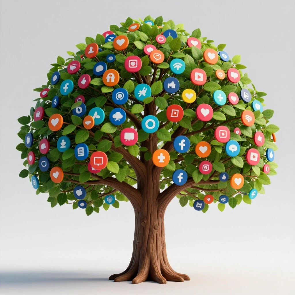 A whimsical tree with colorful social media icons as leaves, set against a bright background, symbolizing network growth.
