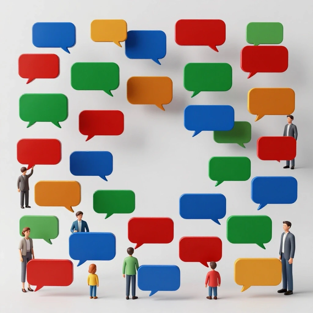 Illustration of a vibrant web of colorful speech bubbles representing communication in a Facebook group.