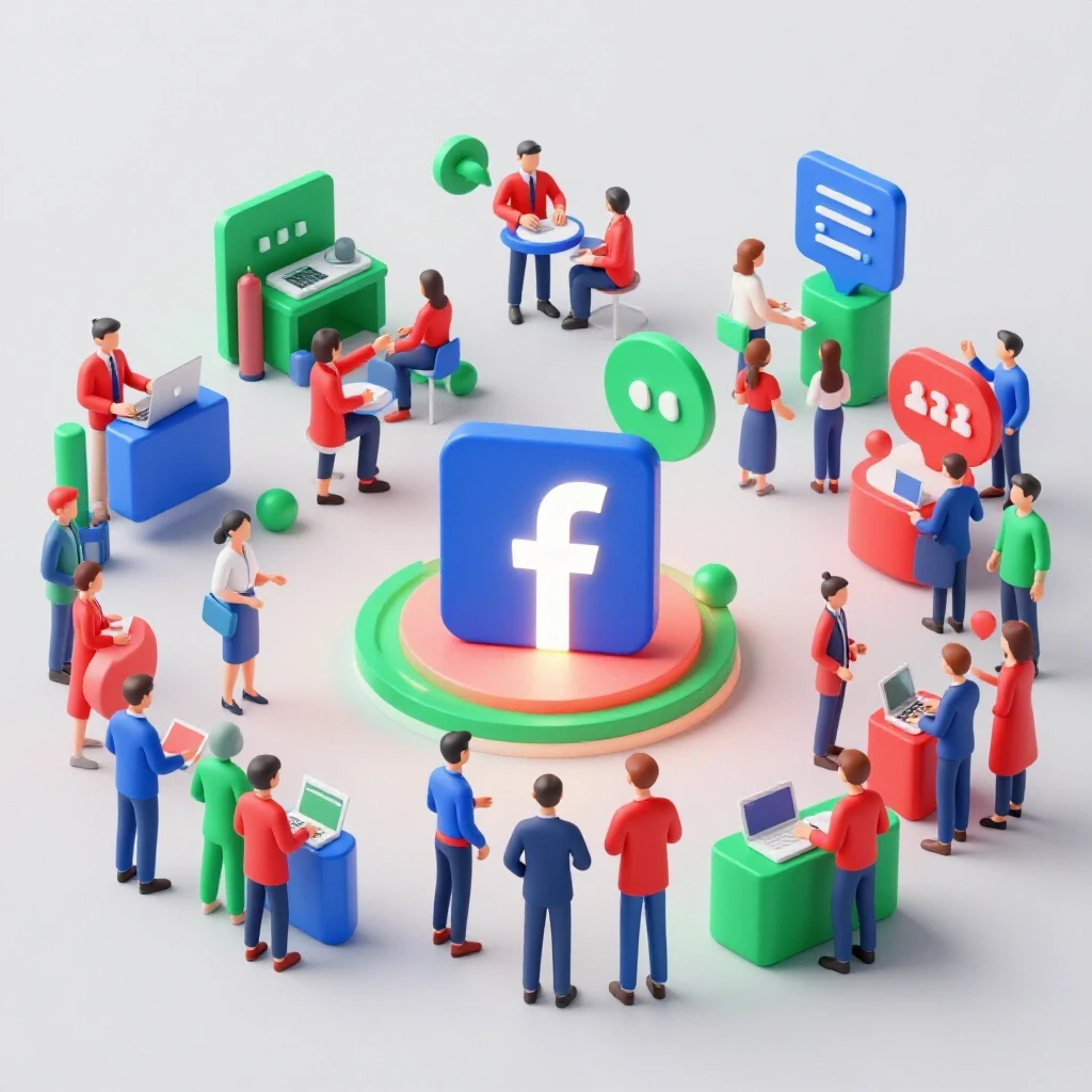 A dynamic 3D representation of a digital marketplace showcasing vibrant group engagement around a glowing Facebook logo.
