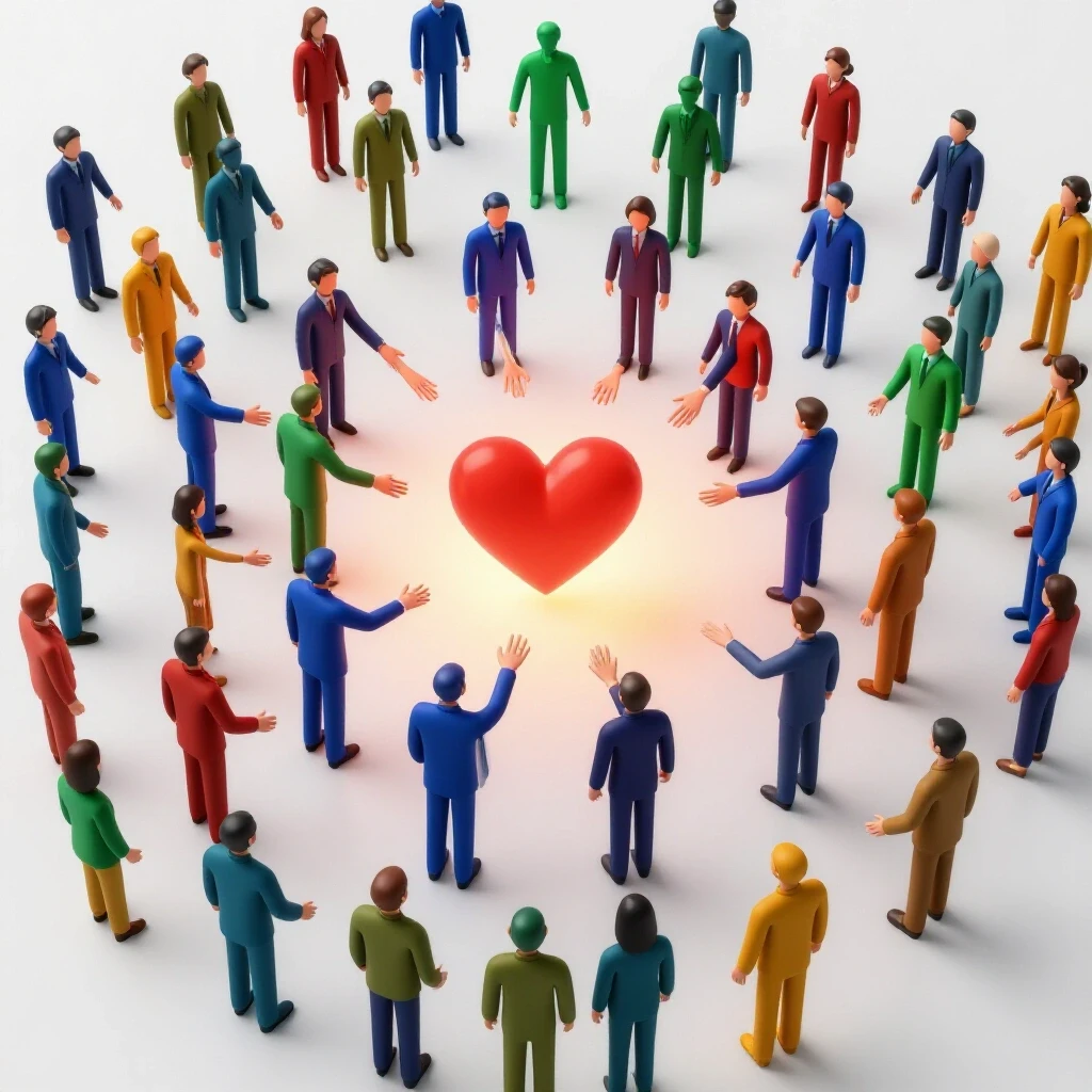 Vibrant 3D rendering of diverse people reaching towards a glowing heart symbol representing civic engagement.