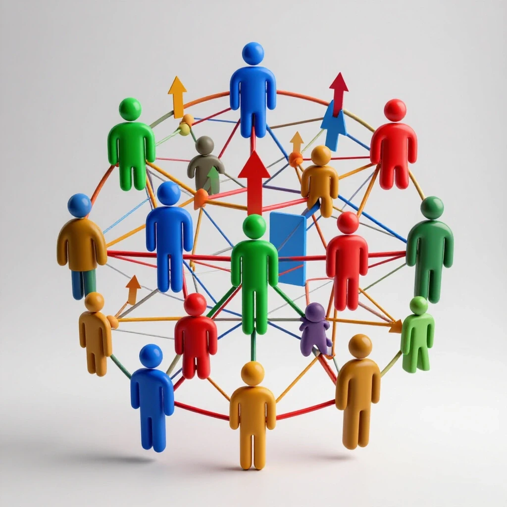 A vibrant 3D web representing community growth with upward arrows, symbolizing metrics in Facebook Groups.