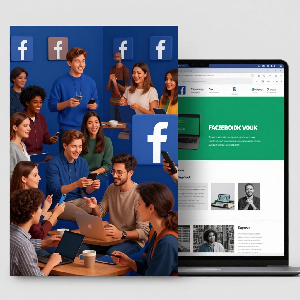 A visual comparison of Facebook Groups as vibrant and engaging versus the professional setting of Facebook Pages.