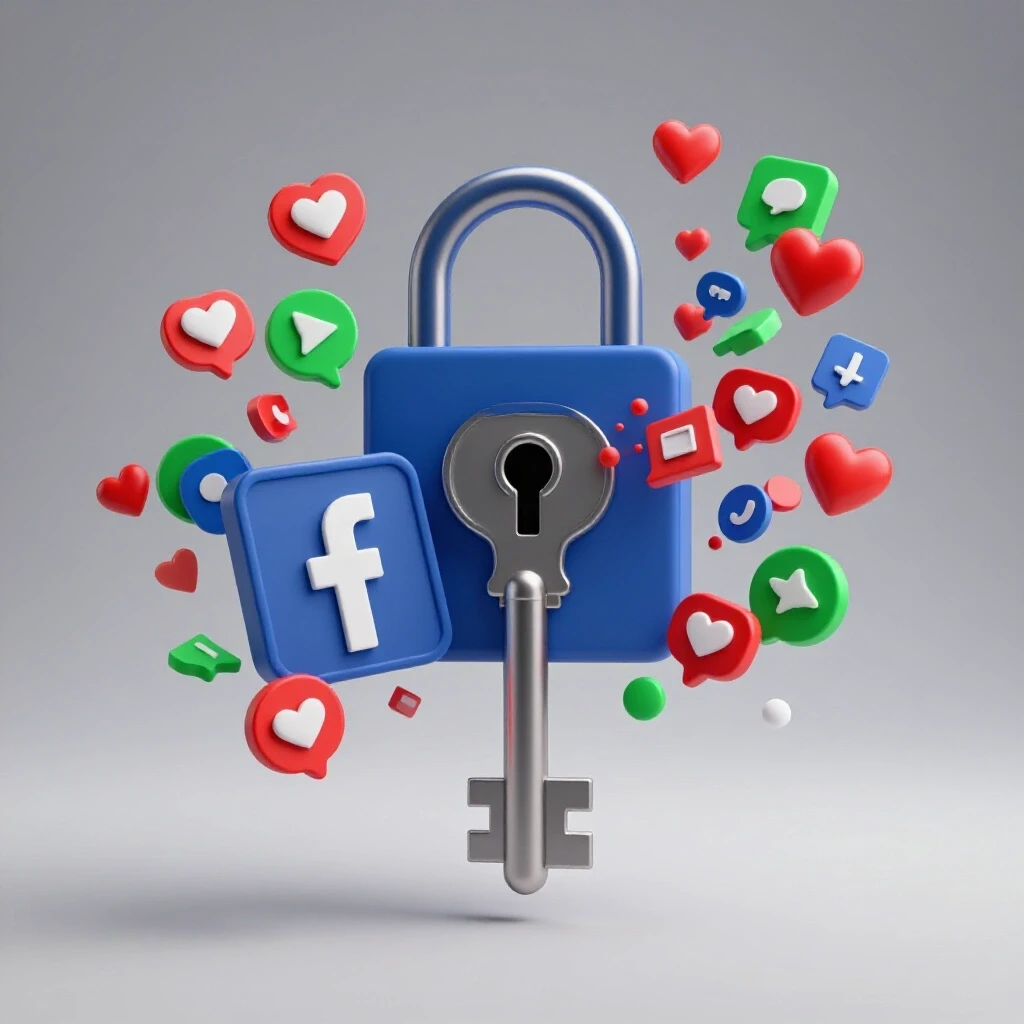 A vibrant Facebook logo being unlocked by a key, surrounded by swirling social media icons symbolizing engagement.