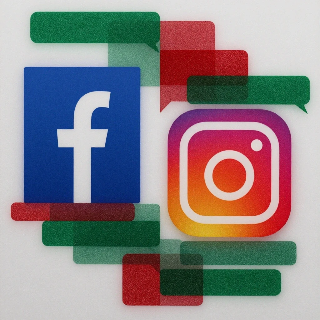 Colorful split-image design featuring Facebook and Instagram logos connected by overlapping notifications.