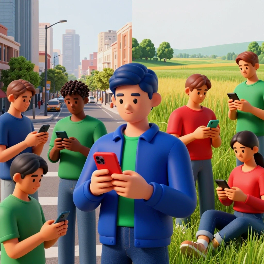 A split-image showing urban users on smartphones and rural tech interactions, highlighting Facebook literacy differences.