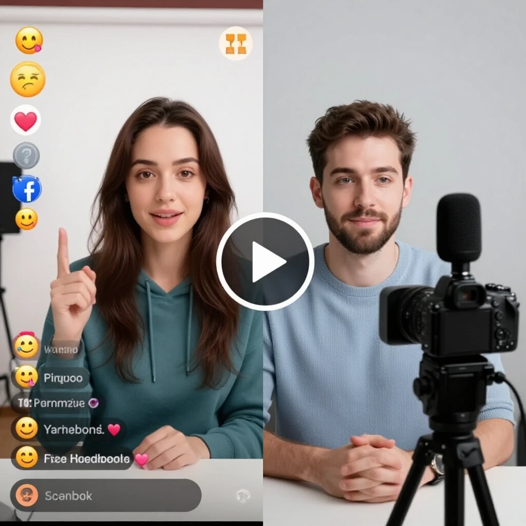 Split-screen image comparing a vibrant Facebook Live scene with audience interaction to a polished recorded video setup.