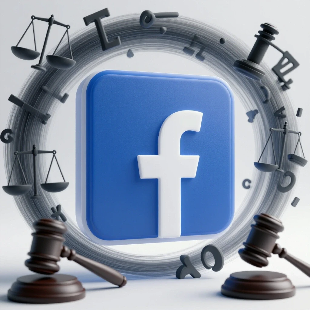 A striking composition featuring a central Facebook logo surrounded by legal symbols like scales and a gavel, emphasizing the clash between marketing and legality.