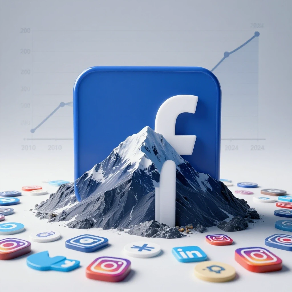 A 3D representation of a dominant Facebook logo overshadowing smaller social media logos, with a timeline graph behind.