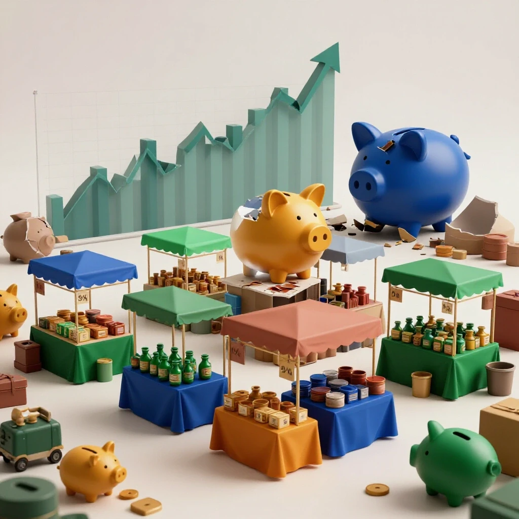 Vibrant marketplace scene set against crumbling financial symbols, symbolizing opportunity amid crises.