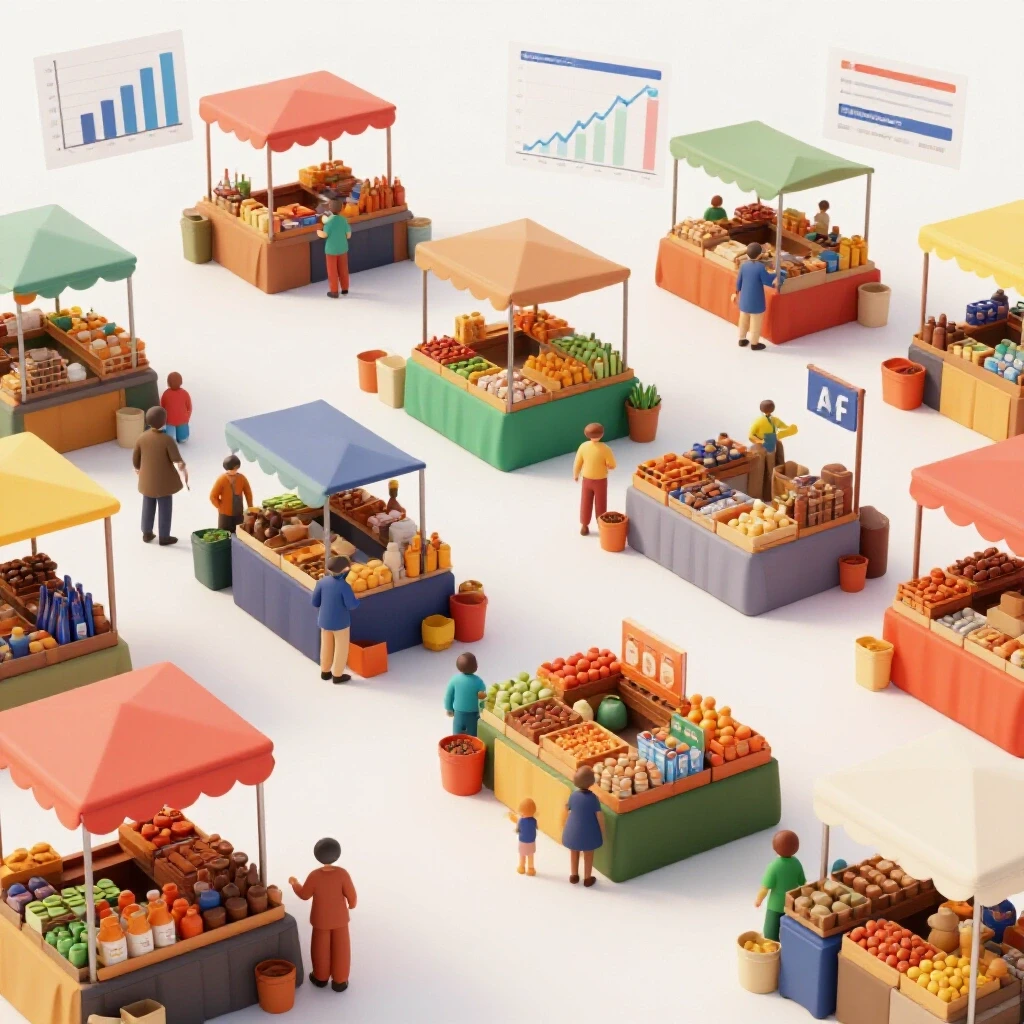 A vibrant marketplace scene with colorful stalls and economic data charts in the background, highlighting Facebook Marketplace.