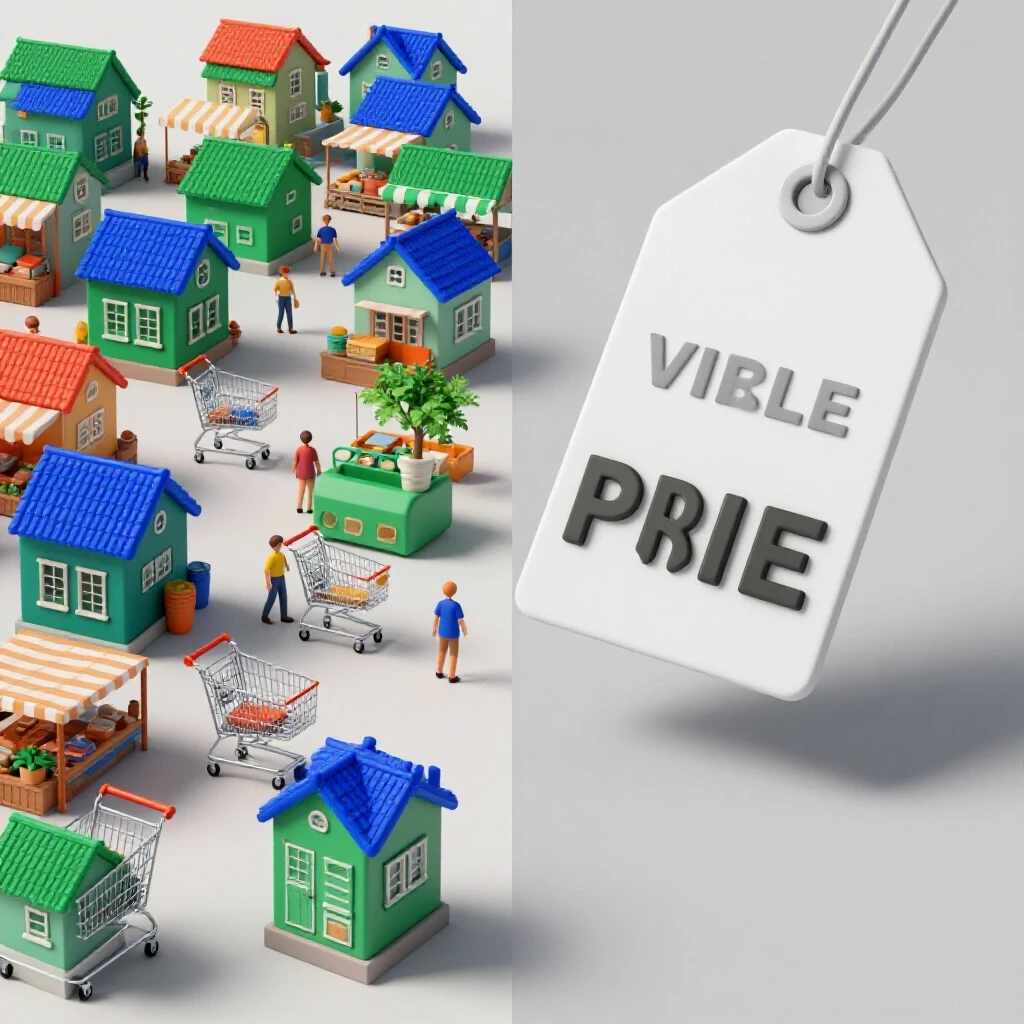 A split-screen image showing a lively marketplace on one side and an empty price tag on the other, illustrating rental price trends.
