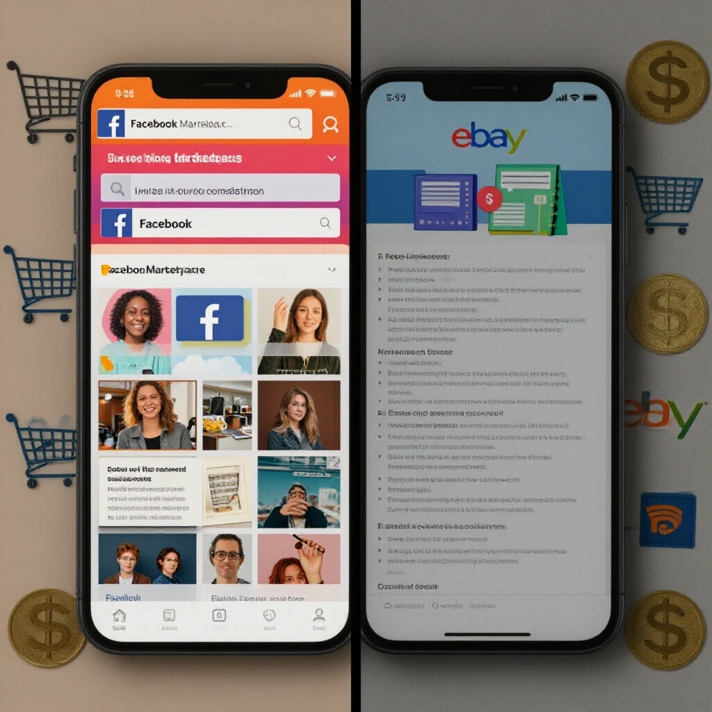 Visual comparison of Facebook Marketplace and eBay layouts highlighting user engagement preferences.