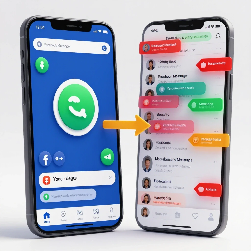 3D-rendered smartphone showing Facebook Messenger with colorful notifications in an inviting split composition.