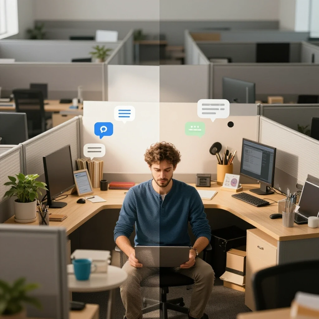 A vibrant home office split with a chaotic office cubicle background, showcasing digital communication tools.